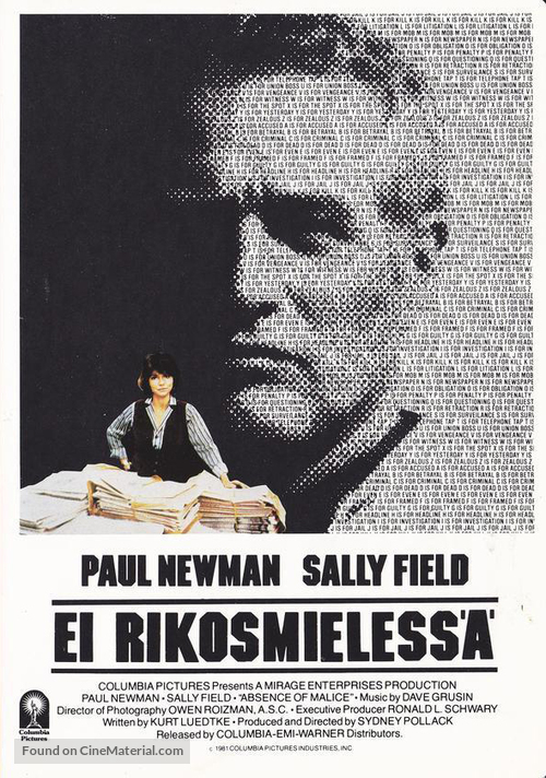 Absence of Malice - Finnish VHS movie cover