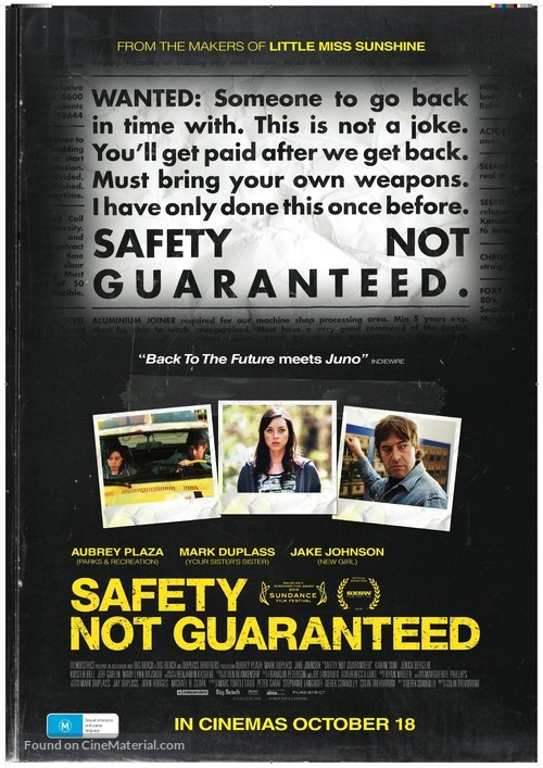 Safety Not Guaranteed - Australian Movie Poster
