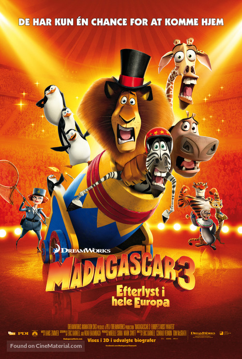 Madagascar 3: Europe&#039;s Most Wanted - Danish Movie Poster